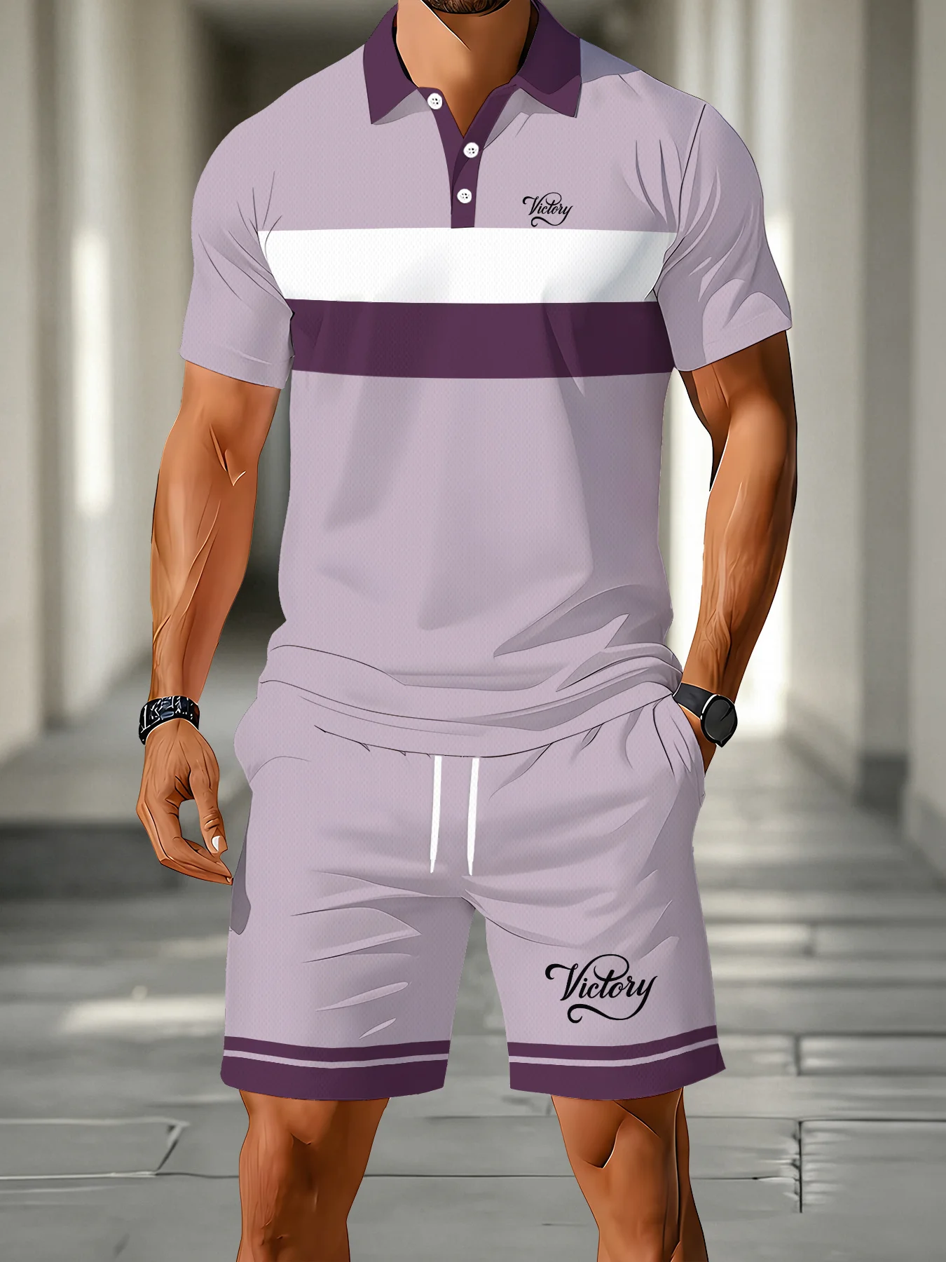 

Two Tone Striped Waffle Mesh Men's Text Printed Lapel Top and Drawstring Shorts Daily Street Vacation Set