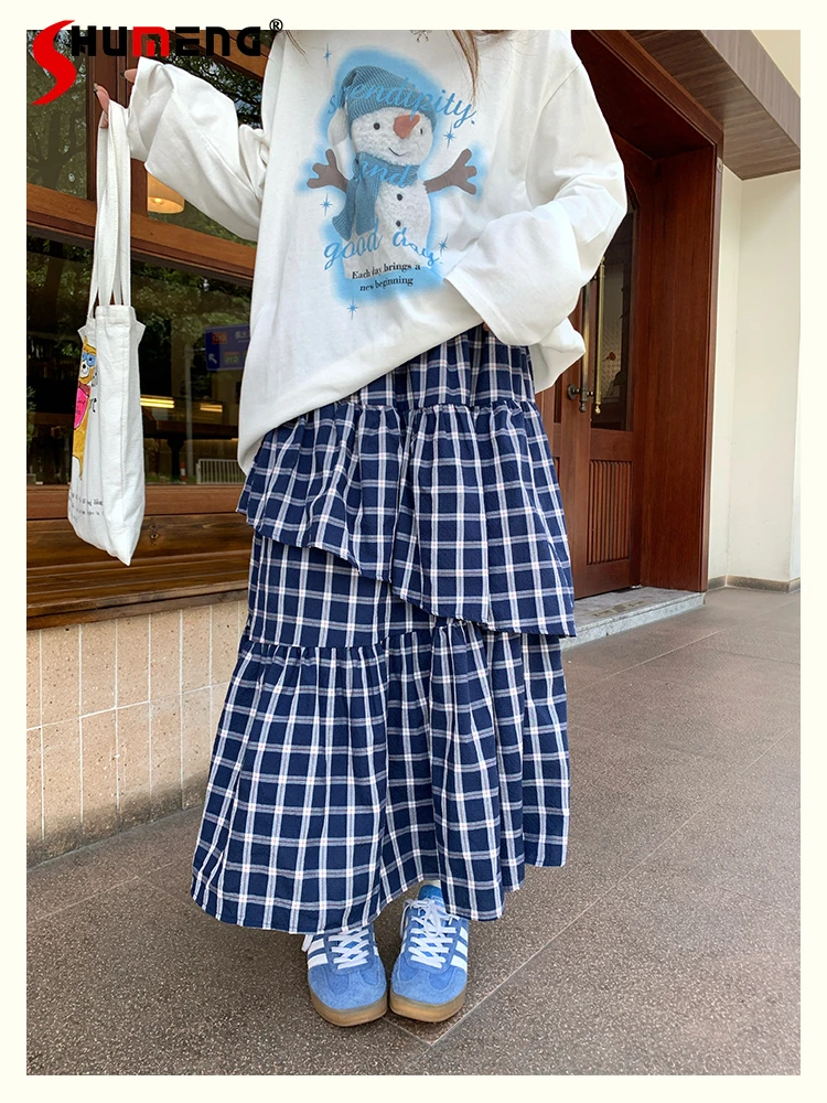 

Korean Style Lazy Casual Elastic High Waist Blue Plaid A-line Long Skirts Sweet All-matched Double Layers Y2k Skirt Women Autumn