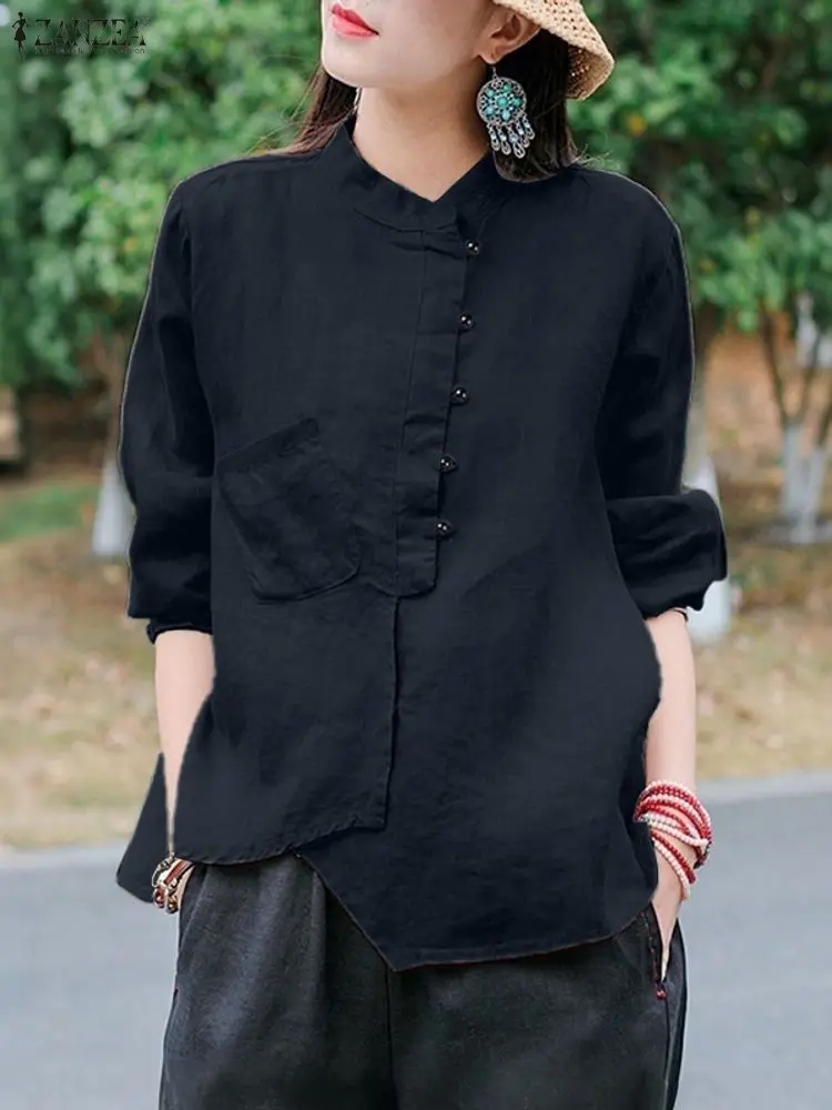 2025ZANZEA Mode Frauen Herbst Langarm Bluse Casual Solide Tasten Hemd Elegante Stehkragen OL Arbeit Tops Unregelmäßige Shirts