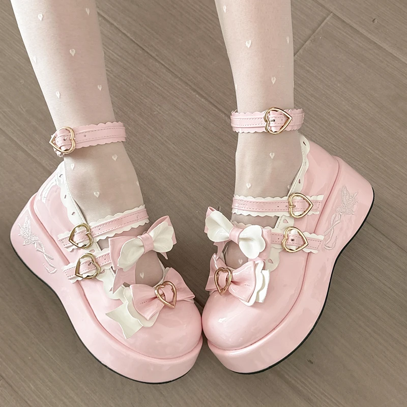 

Women's Sweet Lolita Platform Mary Janes Bow & Heart Buckle Chunky Heel Pumps Kawaii JK Uniform Cosplay Dress Shoes Size 35-40