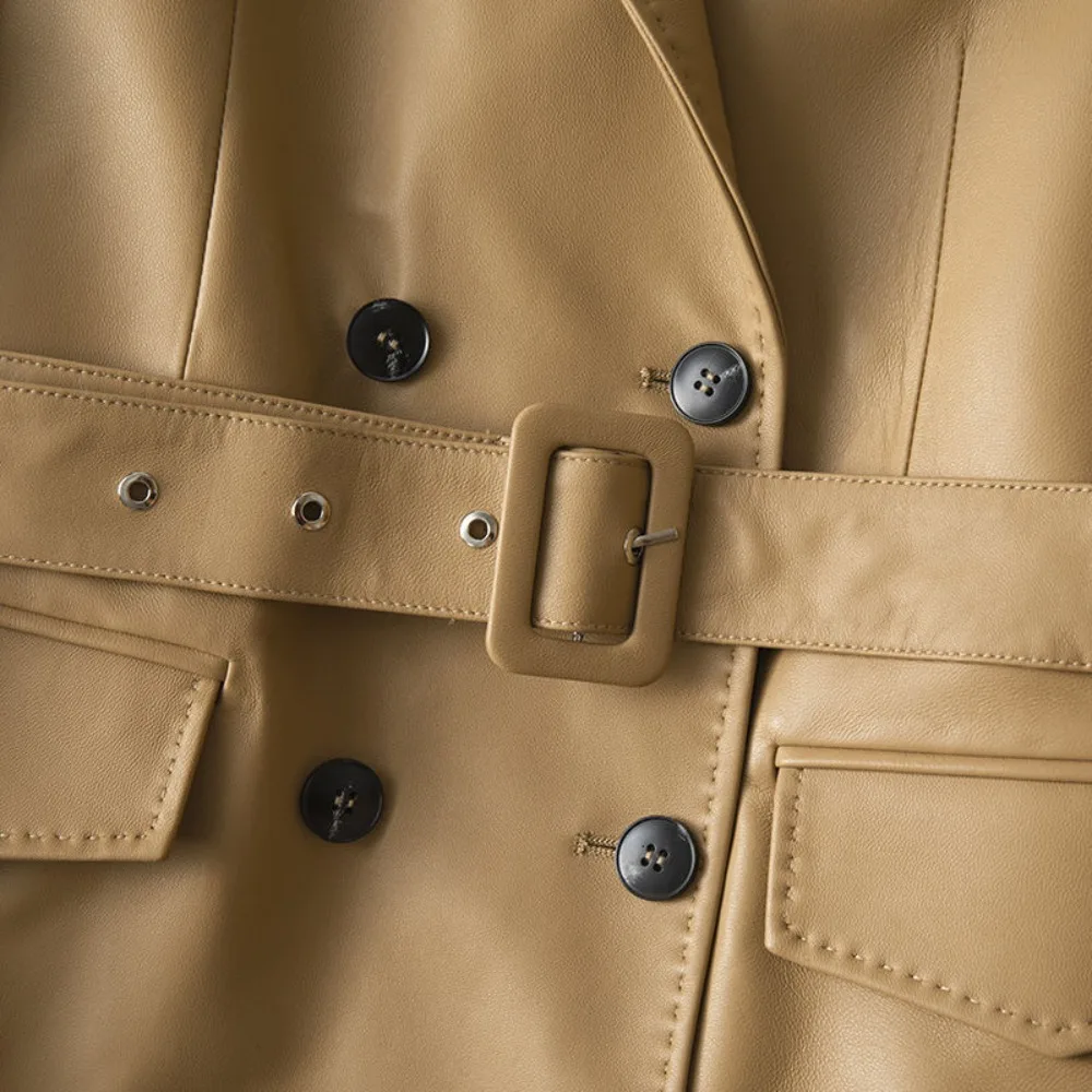 2025 New Women Sheepskin Leather Trench Coat Spring Long Casual Belted Jacket