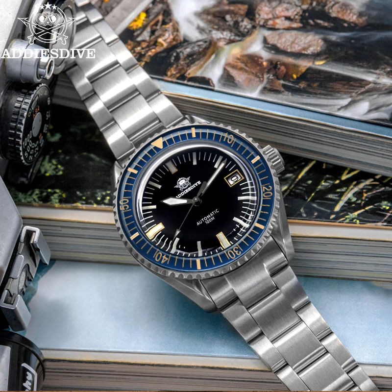 ADDIESDIVE Jam Tangan Pria Modis Jam Tangan Mekanis Bercahaya BGW9 Kaca Safir Tali Kulit Sapi Antik 100M Kedap Air Reloj Hombre