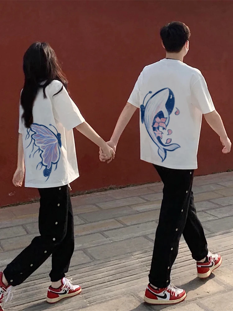 Butterfly and Whale Pattern Couple clothes 2024 New Fashion Trend Short-sleeved Summer Cool and Breathable T-shirt