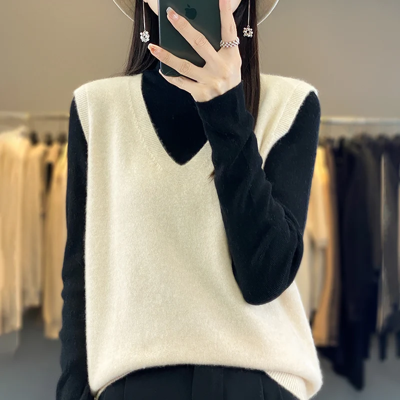 Women Wool Vest Pullover V-neck Vest Solid Color Knitwear Vest Simple Fashionable Casual Vest Comfortable And Soft Classic Style