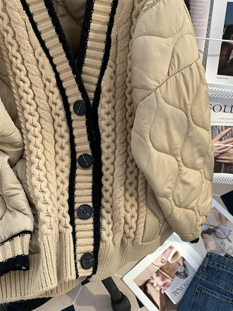 Parka informal de punto con cuello en V para mujer, abrigo de manga larga, chaqueta acolchada de un solo pecho, otoño e invierno, 2023