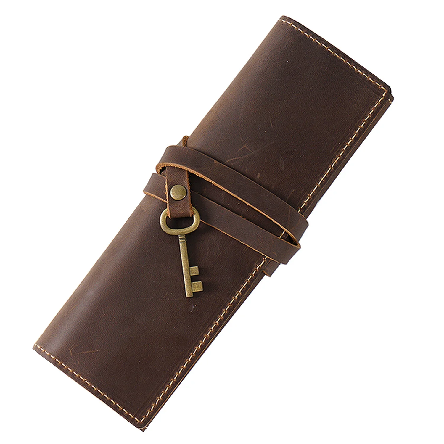 Genuine Leather Pencil Case Tie Rope With Key Pens Bag Retro School Office Stationery Student Storage Bags Handmade Gift