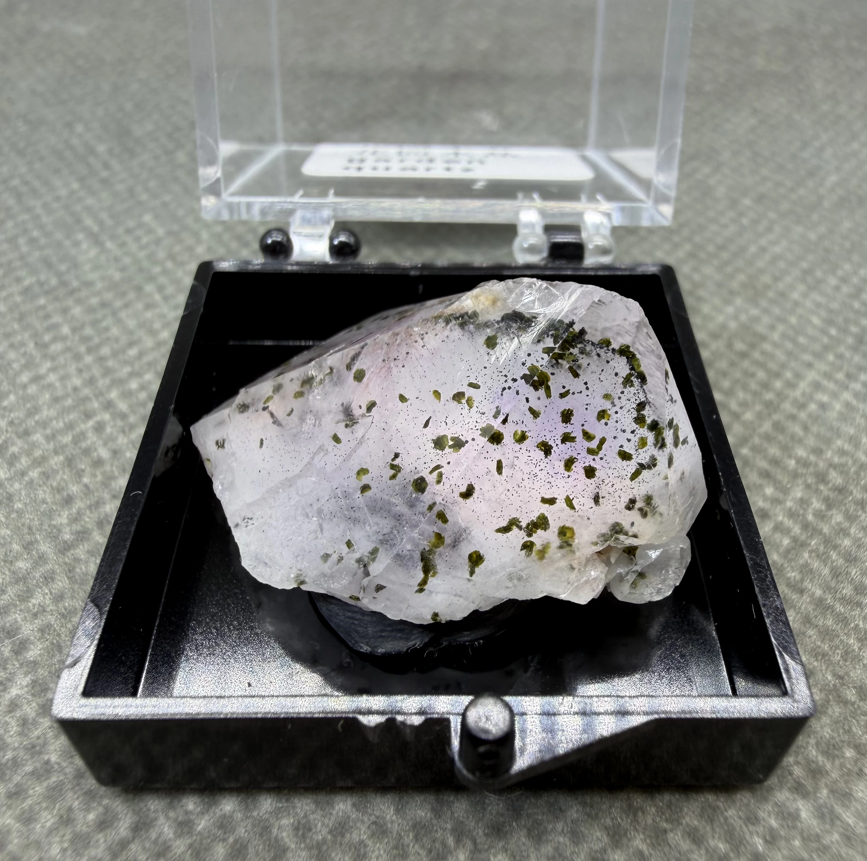 Natural Epidote Included in Quartz Specimen, Raw Clear Quartz Crystal with Epidote Inclusion + box size 3.4 cm
