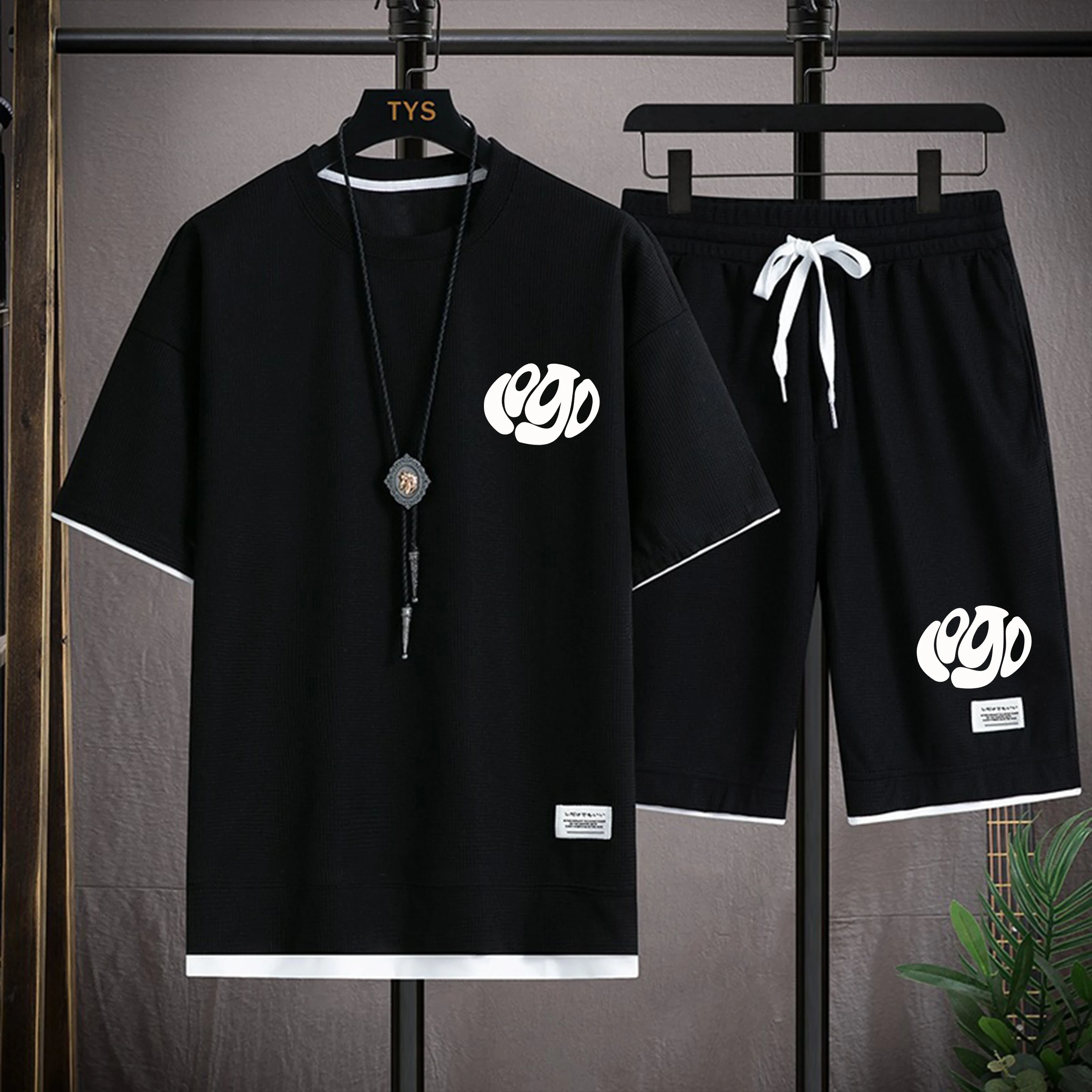 DIY Customized Design Brand Logo/Image Customization for Men and Women DIY Waffle Round Neck Short Sleeve Set Fashionable, Casua