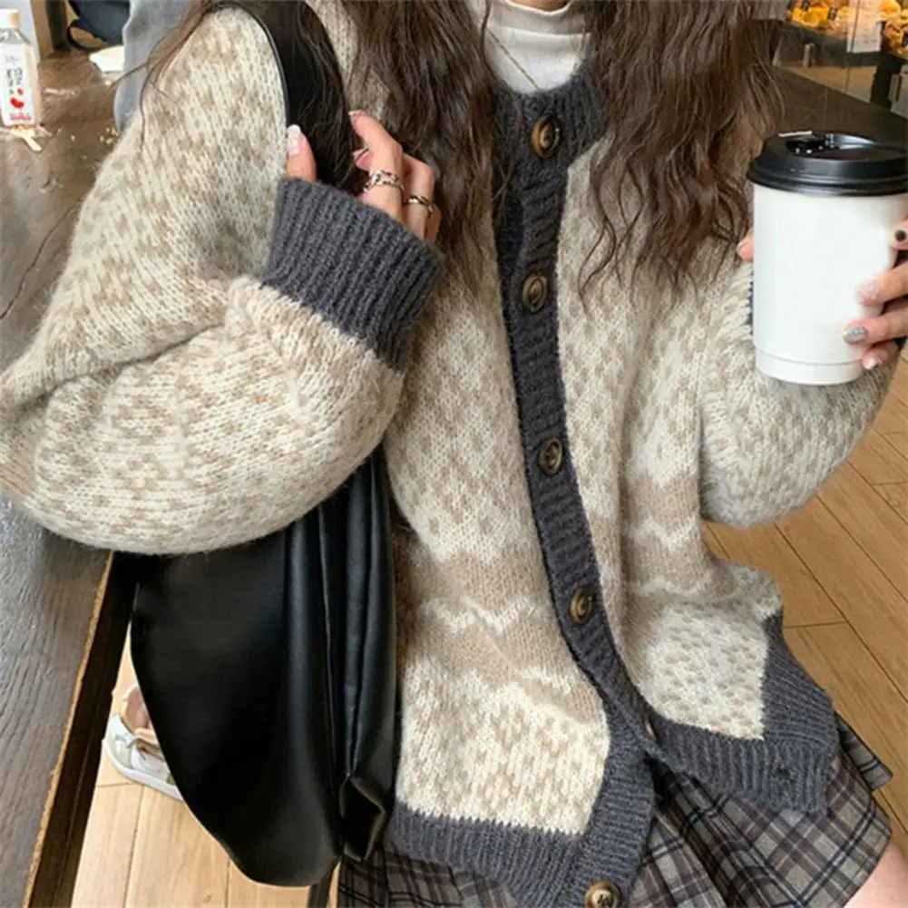 

Women Sweater Coat Vintage Geometric Pattern Long Sleeve Single Breasted Patchwork Color Autumn Winter Knitting Cardigan Outwear