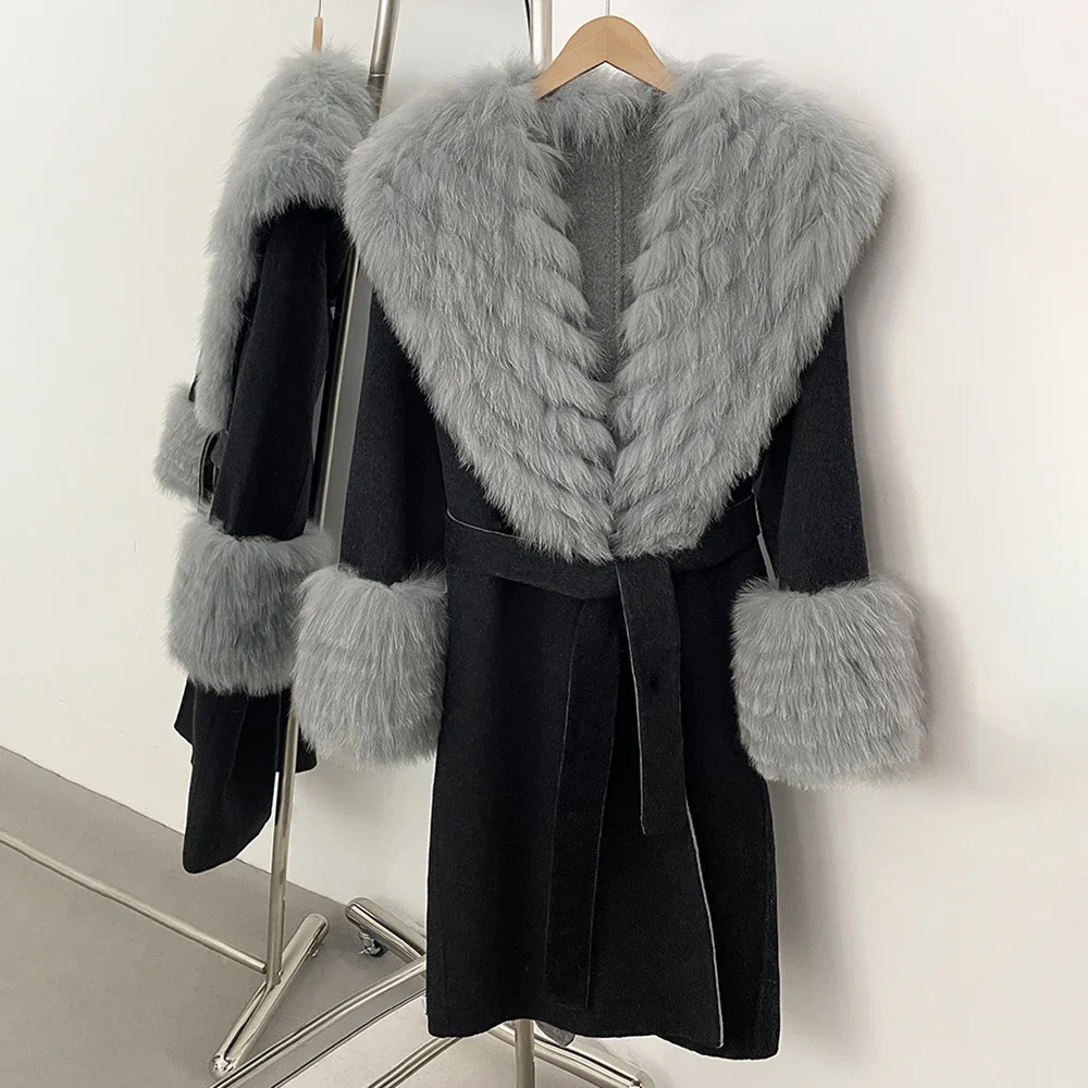 الواقع الفراء سترة معطف طويل الصوف الإناث جديد الخريف الشتاء ريال فوكس الفراء المرأة سميكة الدافئة الفراء الطبيعي على الوجهين سترة صوفية #3