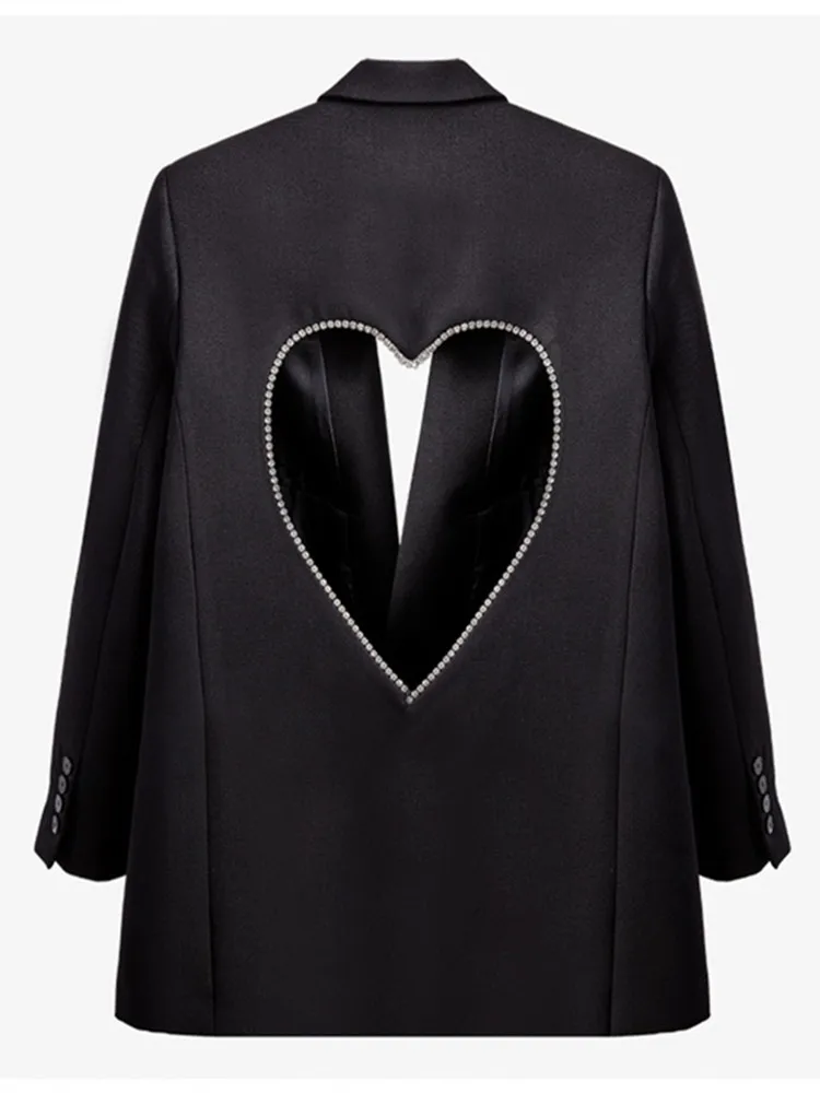 Fashion Runway Open Back Heart Diamonds Blazer Coat Women Sexy Chic Notched Suit Single Button Black Jacket Loose Outerwear