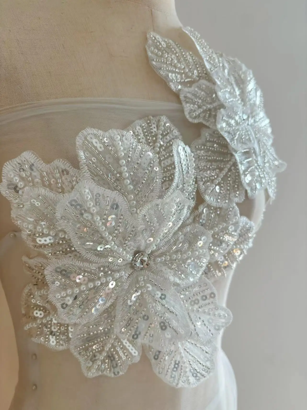 Off White Rhinestone Flower Embroidery Lace Sequins Applique for Wedding Dress,Couture Patch Accessories,Dance Costume