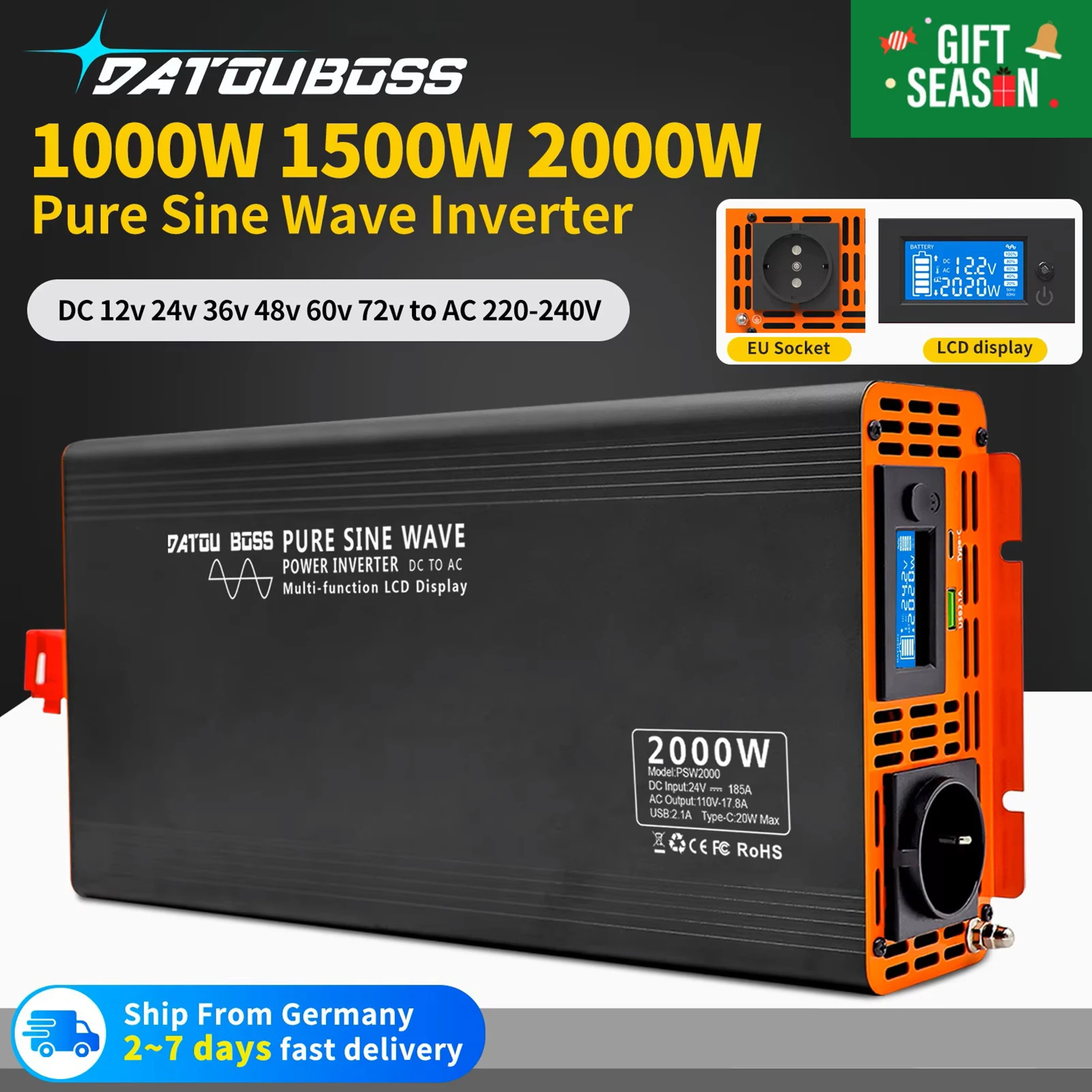 DATOUBOSS Pure Sine Wave Inverter 4000W DC 12V 24V 36V 48V 60V 72V to AC 220V 240V Power Inverter Continuous Power 2000W