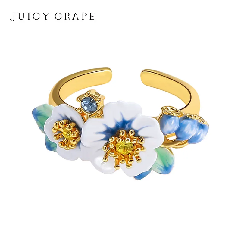 

Juicy Grape Blueberry Flower Ring Opening Adjustable Blueberry Ring Handmade Enamel Ring 18K Gold Plated Birthday Gift for Girls