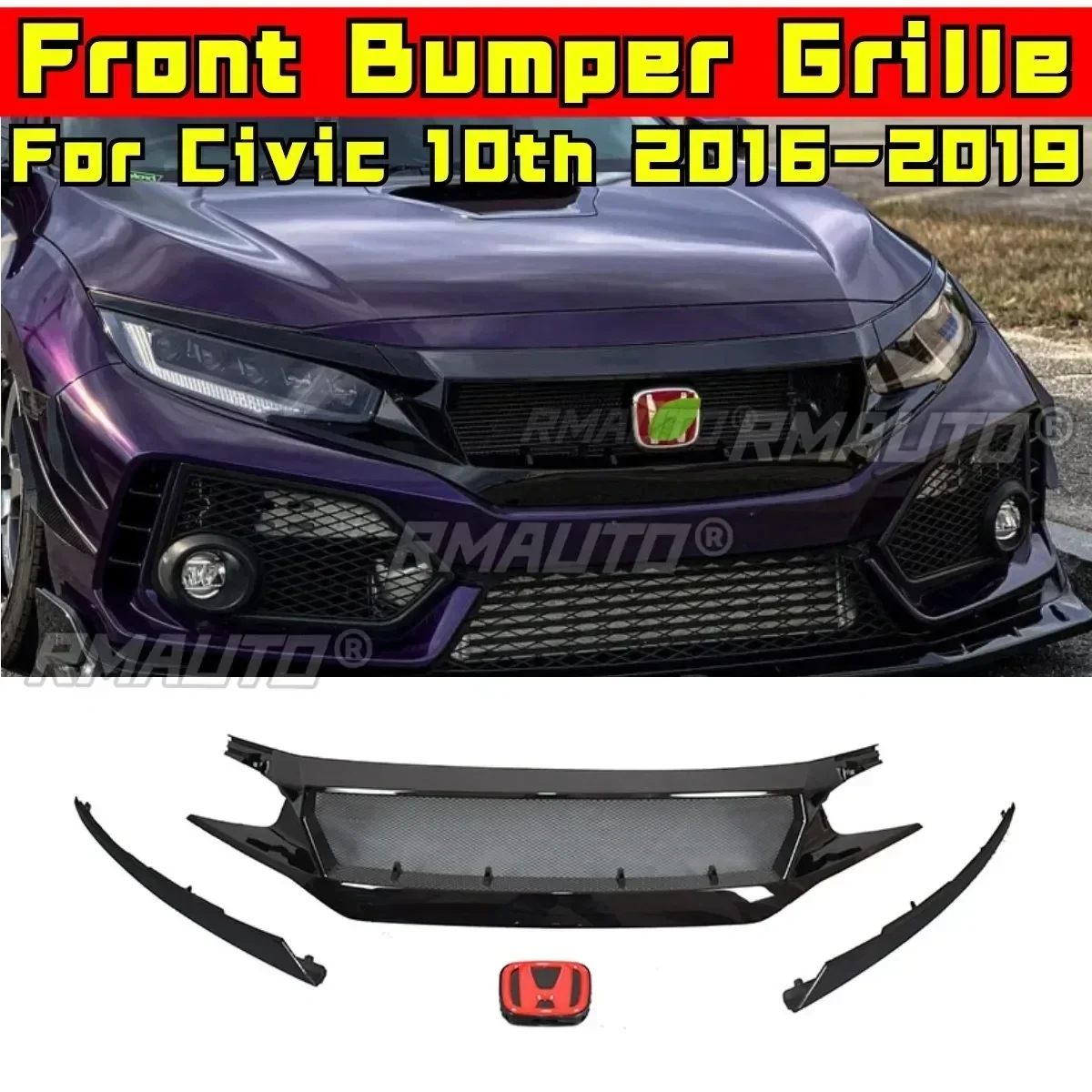 

Civic Racing Grills Автомобильная передняя гоночная решетка Комплект кузова Решетка переднего бампера для 10-го поколения Civic 2016-2019 Внешняя часть