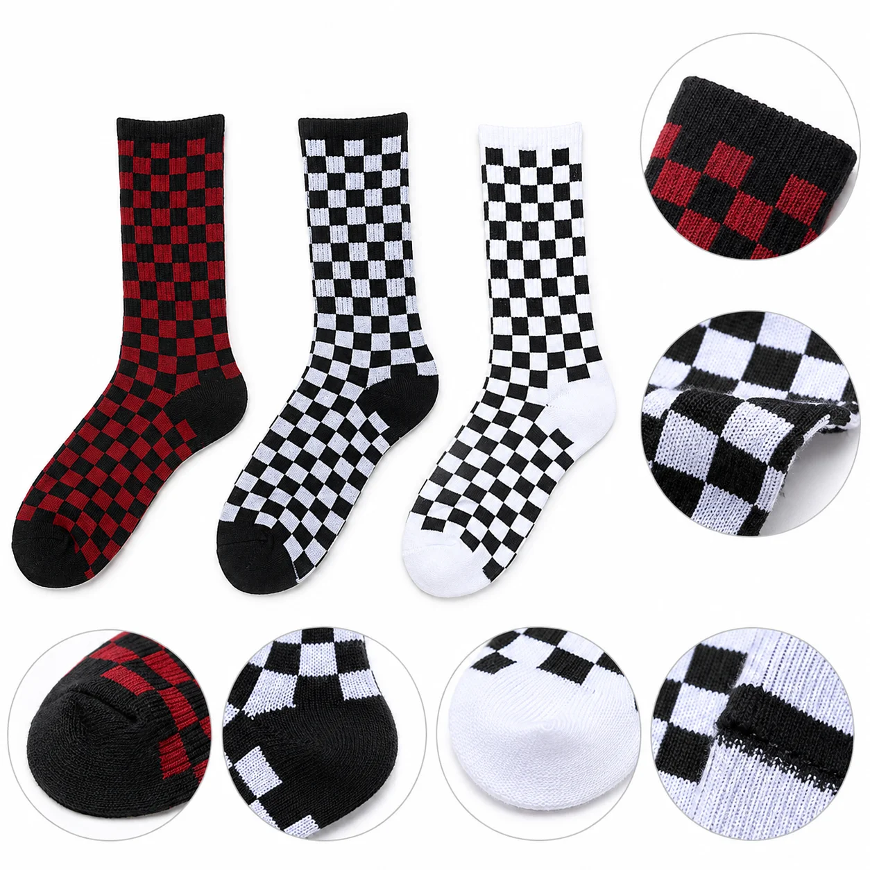 1/3 Pairs Checkerboard Crew Socks for Men Women, Mid Calf Plaid Pattern Casual Streetwear Skateboard Fashion Socks