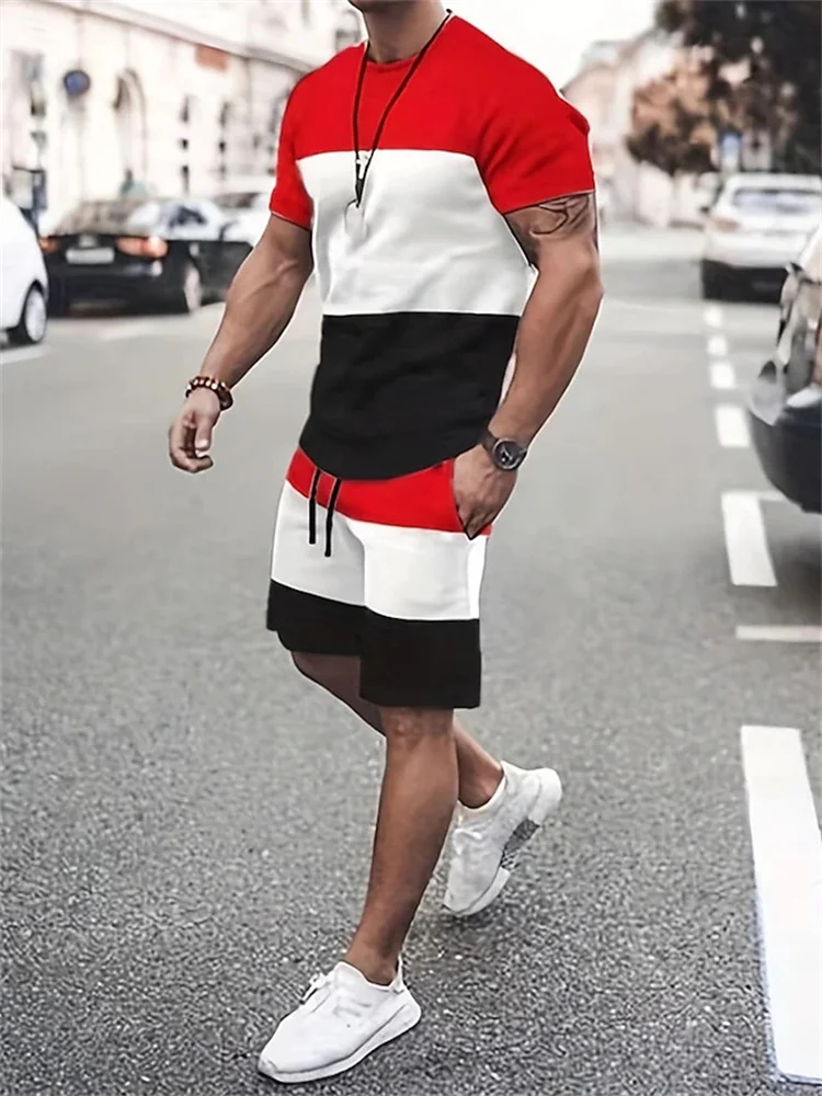 Summer Men\'s Suit Fashion 2 Piece Mens T Shirt Shorts Suit Casual Splicing Printed Sportswear Super Street Shooting Men Clothing