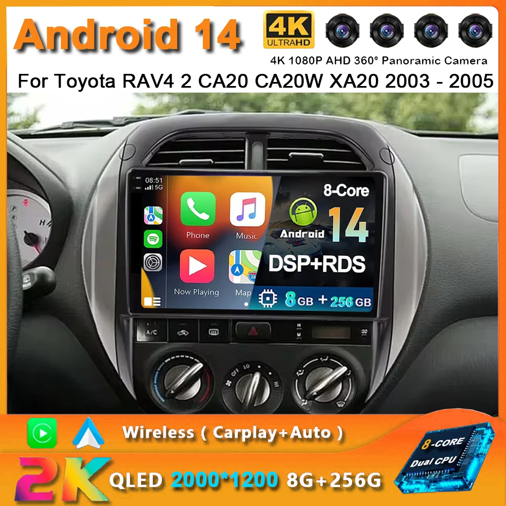 For Toyota RAV4 2 CA20 CA20W XA20 2003 - 2005 2K QLED Android 14 Car Radio Multimedia Video Player GPS AI Voice CarPlay 4G