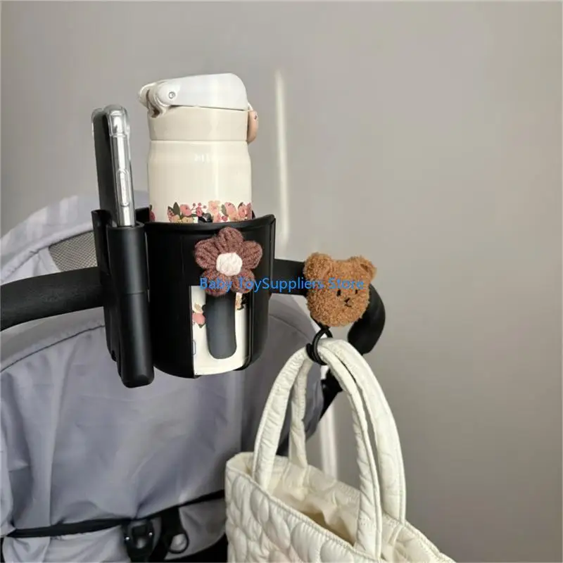 

R1WF 2-in-1 Stroller Cup Holder with Phone Mount for Busy Parents Adjustable Clamp