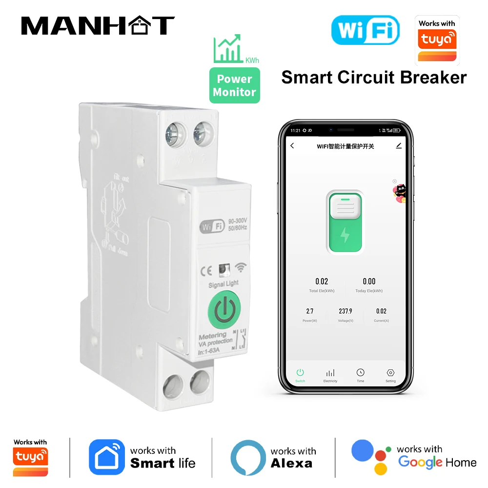 Smart WiFi Circuit Breaker Switch 1P 1-63A With Metering Din Rail Kwh Metering Monitoring Timer for Google Home Alexa Alice