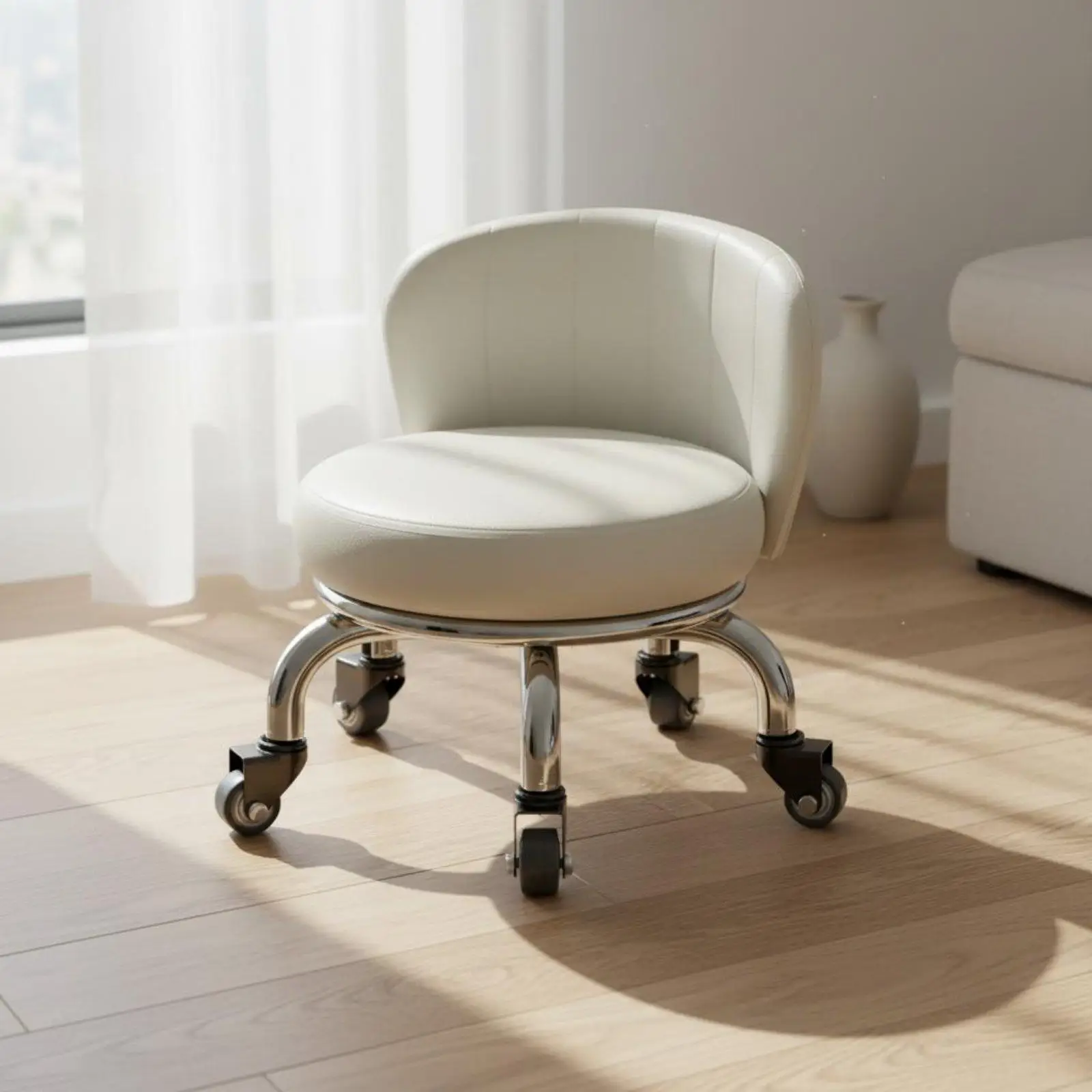 Swivel Step Bench Rolling Low Stool with Back and Thick Sponge Cushion for Prolonged Sitting Tasks Beauty Workshop Smooth Silent