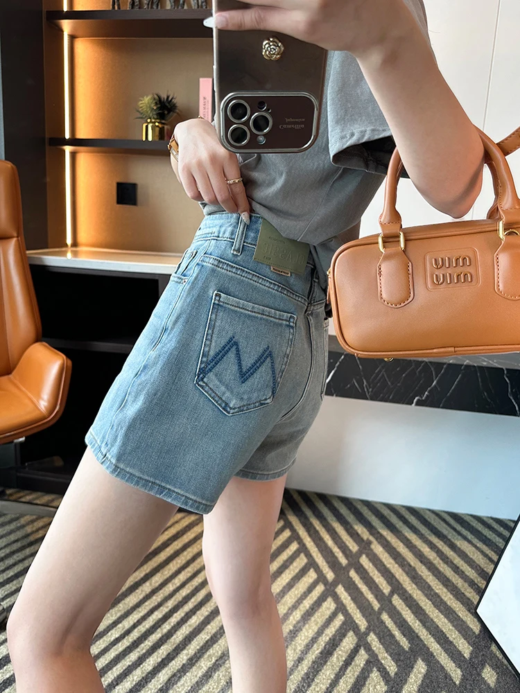 Hohe Taille, weites Bein, Denim, Damen, Sommer, Übergröße, schlankmachend, klein, A-Linie, elastisch, schlankmachend, Hotpants, Stickerei