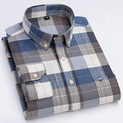 Men's 100% Cotton Long Sleeve Button Down Check Shirt Single Chest Pocket Work Casual Standard-fit Plaid Striped Oxford Shirts