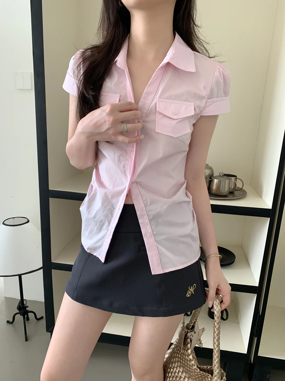 

4Colors SML Summer 2025 Korean Style V Neck Short Sleeve Shirt Slim Waist Blouse Female Outwear tops (X3852)