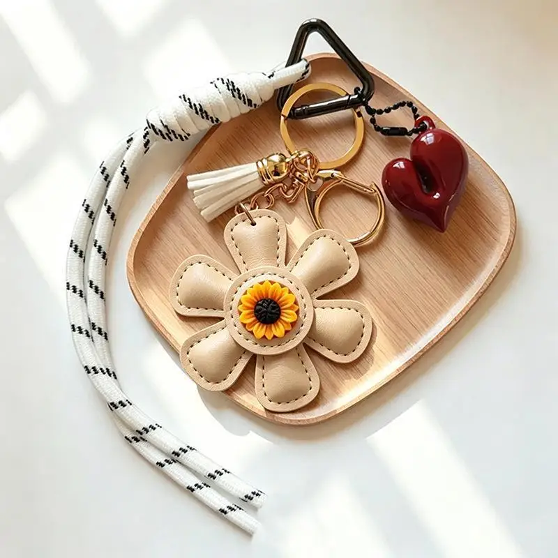 Quasten- und Blumen-Leder-Taschenanhänger, Schlüsselanhänger mit geflochtenem Band, süßes Accessoire für Damen, Taschen- und Schlüsselanhänger, Geschenk – Detail 1