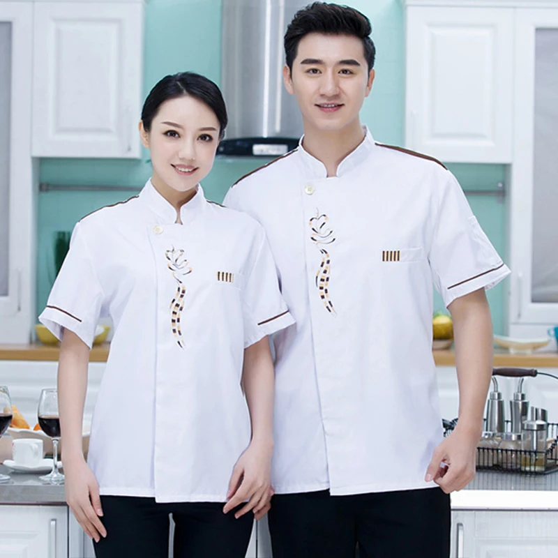 ผู้ชายเสื้อเชิ้ตร้านอาหารห้องครัวแจ็คเก็ตอาหาร Cook Uniform Catering โรงแรมฤดูร้อน Waiter Overalls หมวกพิมพ์ผ้ากันเปื้อน