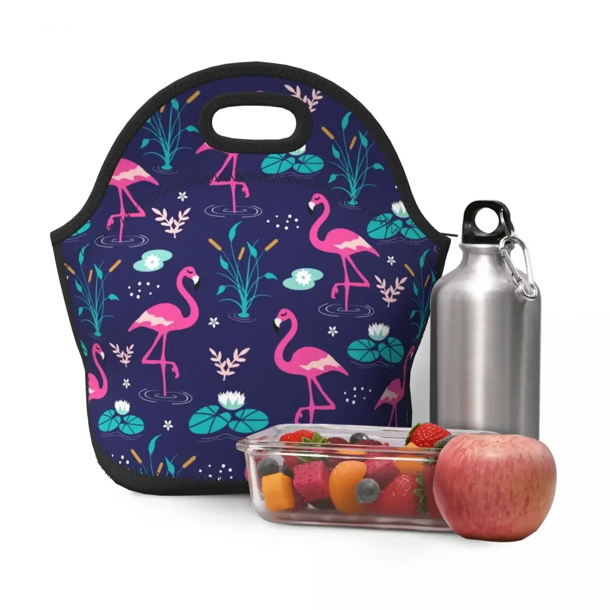 Custom Cute Flamingo Seamless Pattern Neoprene Lunch Bag for Men Women Warm Cooler Insulated Lunch Box for Kids School Children