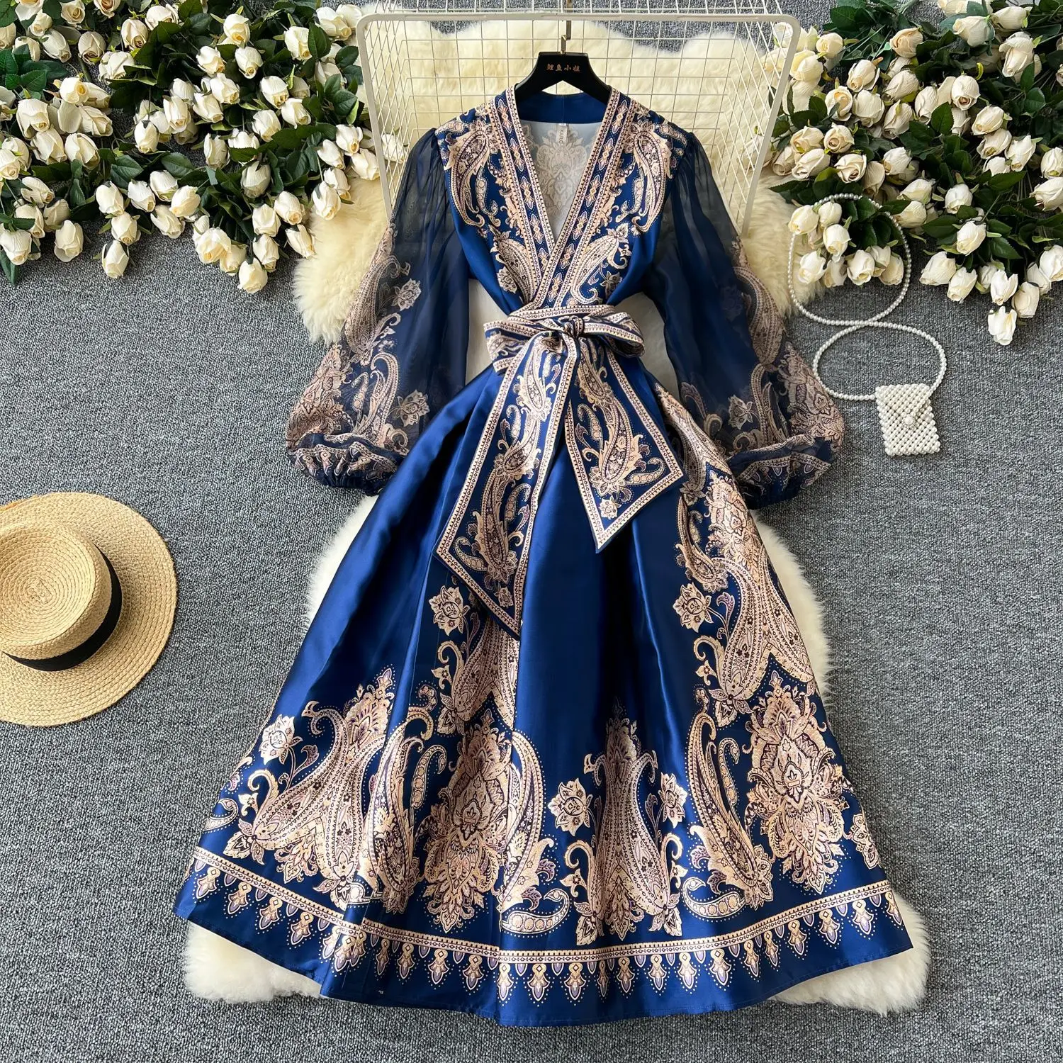 

2024 New Print Bandage Lace Up Wrap Dress Women Cross V Neck Lantern Sleeve Chiffon Patchwork Thick Satin Long Party Vestidos