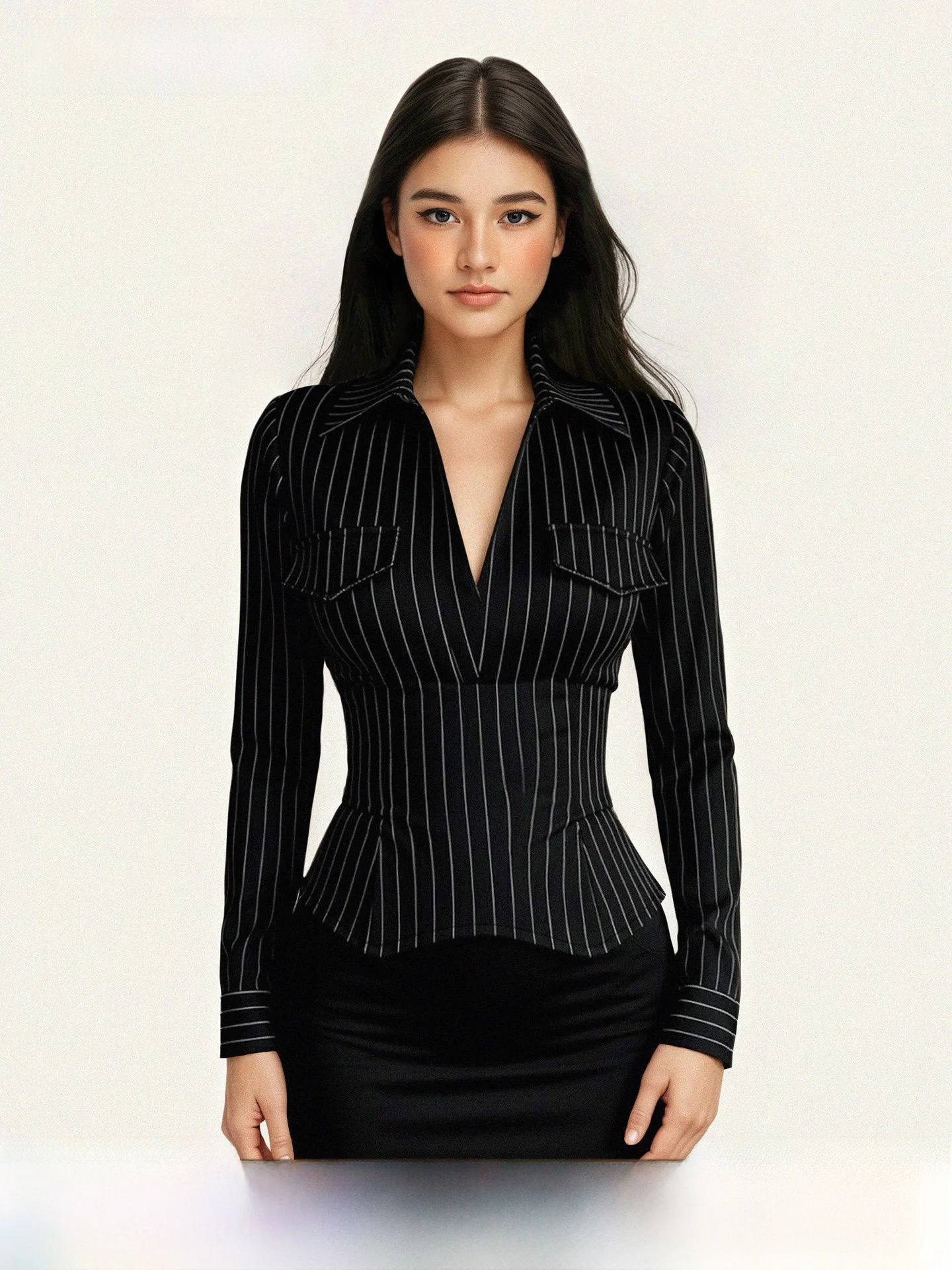 

Fff American Retro Striped Low Cut Long Sve irt Office Siren Sle V Ne Waist Cinched Top Women's Faion Polyester...