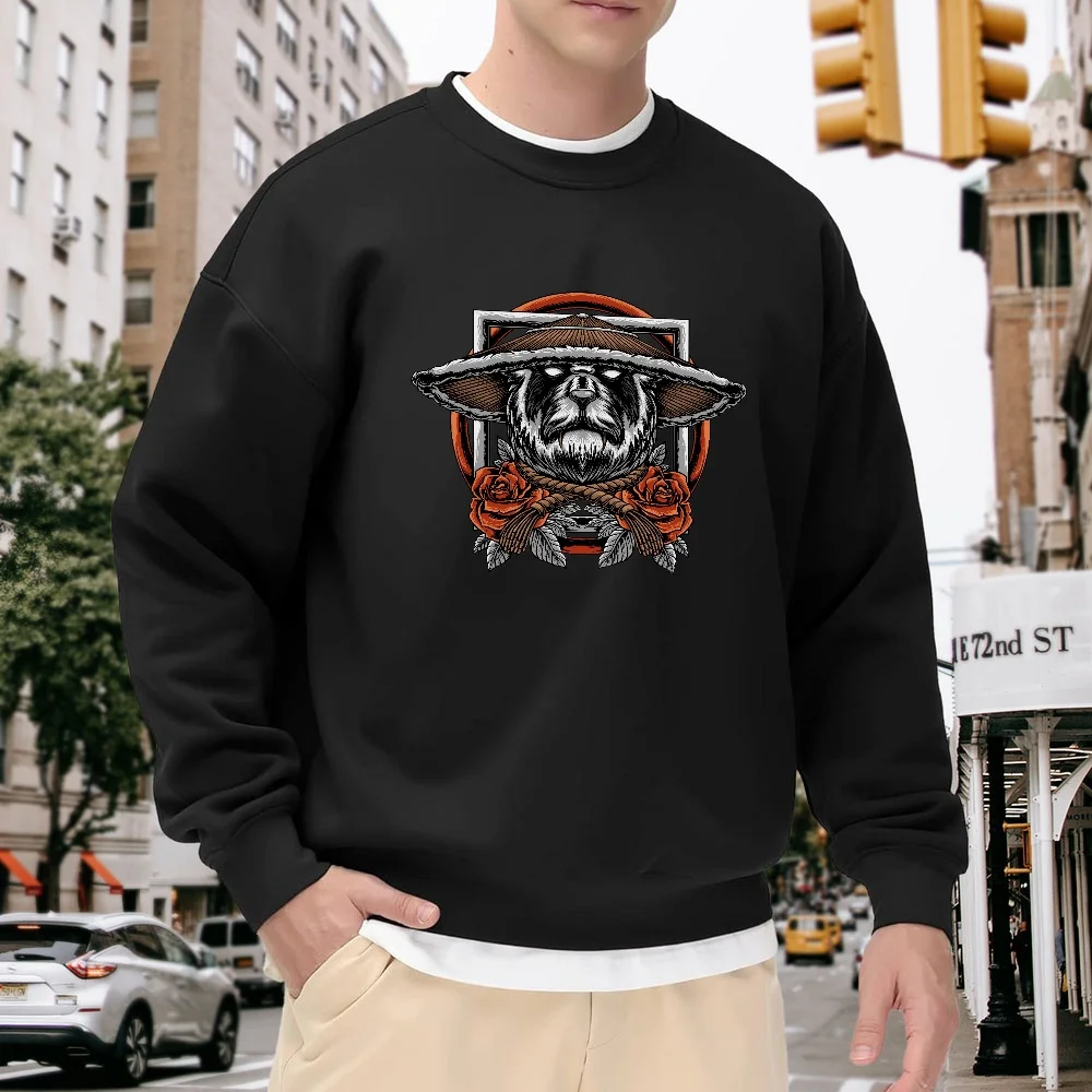

Men's Black Crew Neck Loose Sweatshirt with Unique Print Pattern, Trendy Street Style, Casual and Comfortable Top for Everyday Wear, Versatile and Fashionable