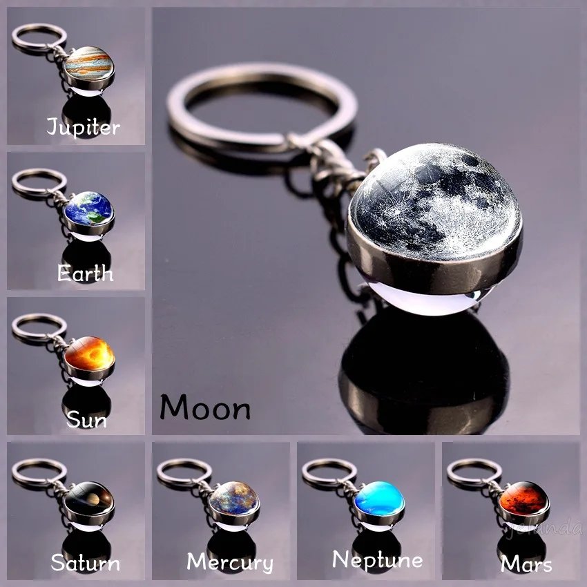 Solar System Planet Keyring Galaxy Nebula Space Keychain Moon Earth Sun Mars Art Picture Double Side Glass Ball Car Key Chain