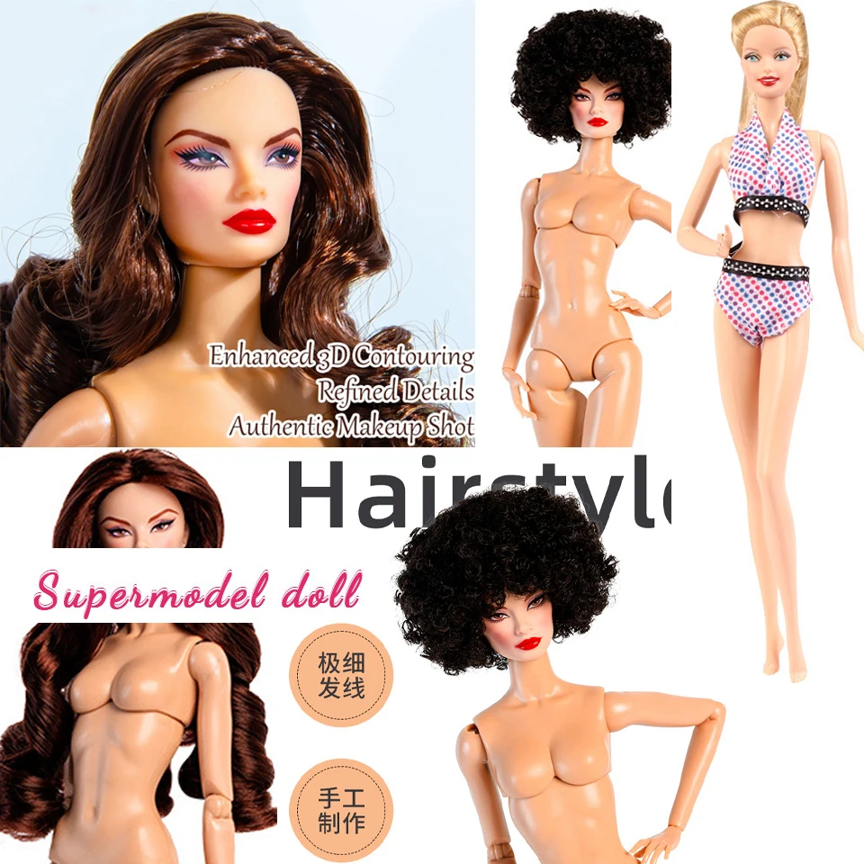 

1/6 Short Curly Hair Supermodel Doll 32cm Fashion Nude Naked Doll Pu Muscle Skin 12 Joint Movable Trendy Figure Collection Gift