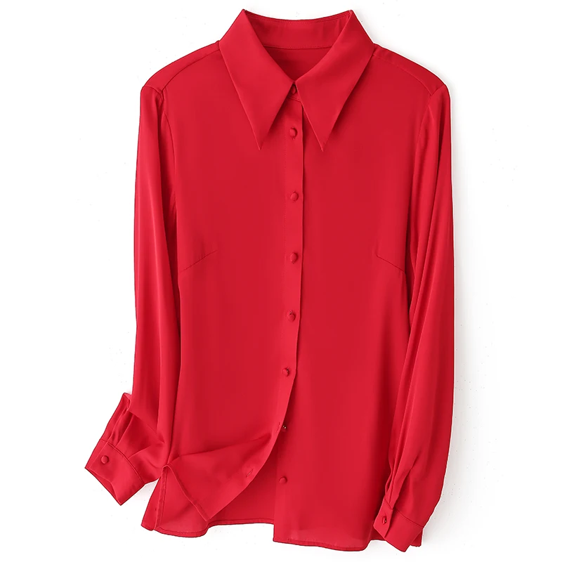 

Office Lady Work Shirts Basic Blouses Elegant Turn-down Collar Long Sleeve Women's Red White Black Shirt Real Silk Blouse Tops