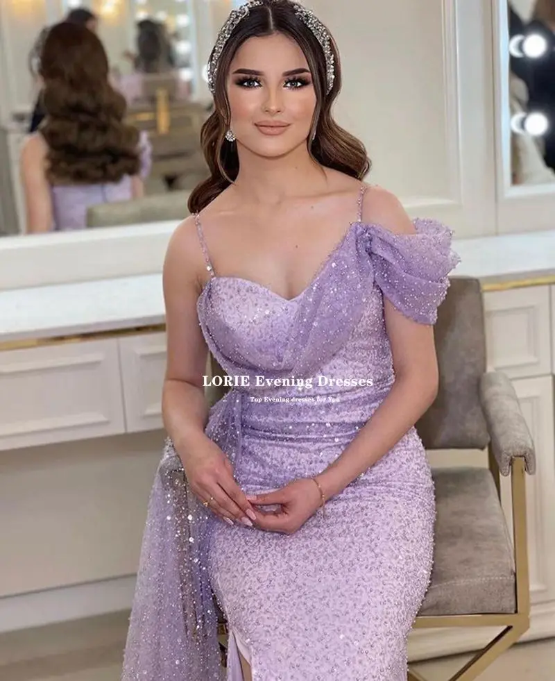 LORIE Lilac Tulle długie suknie wieczorowe jedno ramię zakładki rozcięcia po bokach damska suknia balowa formalne sukienki na przyjęcie arabskie kobiety Vestidos