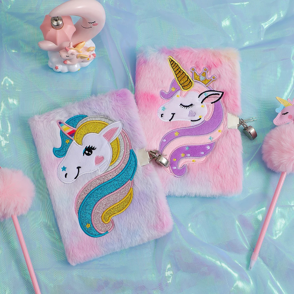 Cute Plush Cartoon Unicorn With Lock Notebook Ball Pen Set Gift Children\'s Kawaii Daily Handbook Kid Gifts