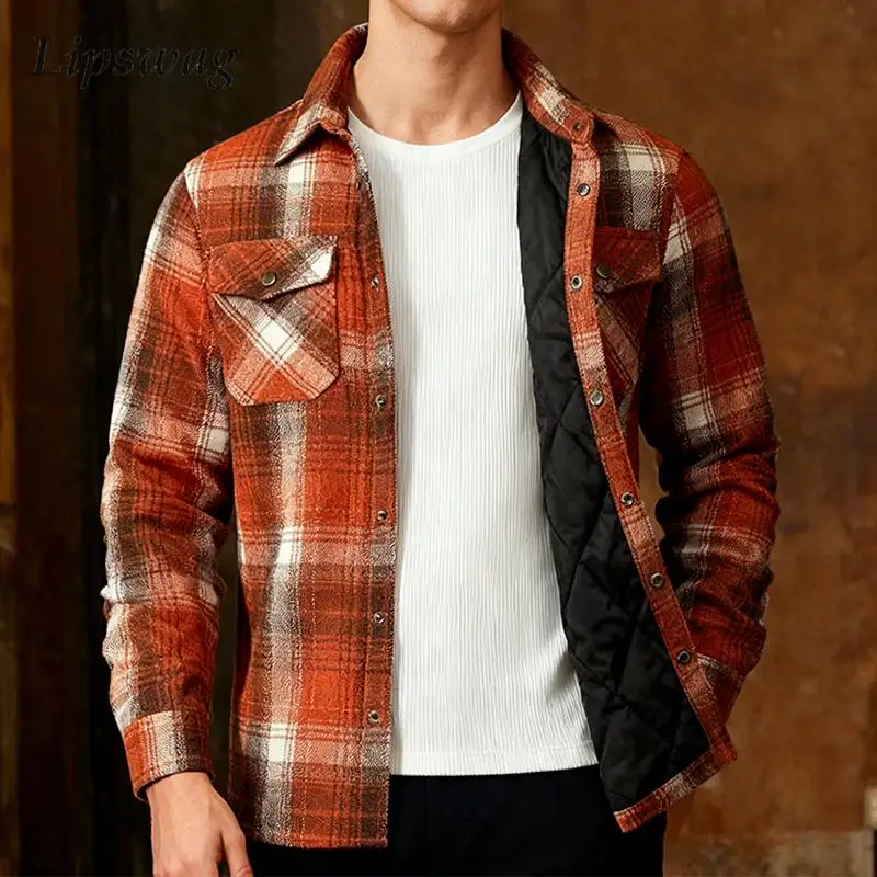 

Autumn Winter Warm Thickened Jackets Men's Vintage Turn-down Collar Button-up Cardigans For Mens Trendy Plaid Jacket Coats