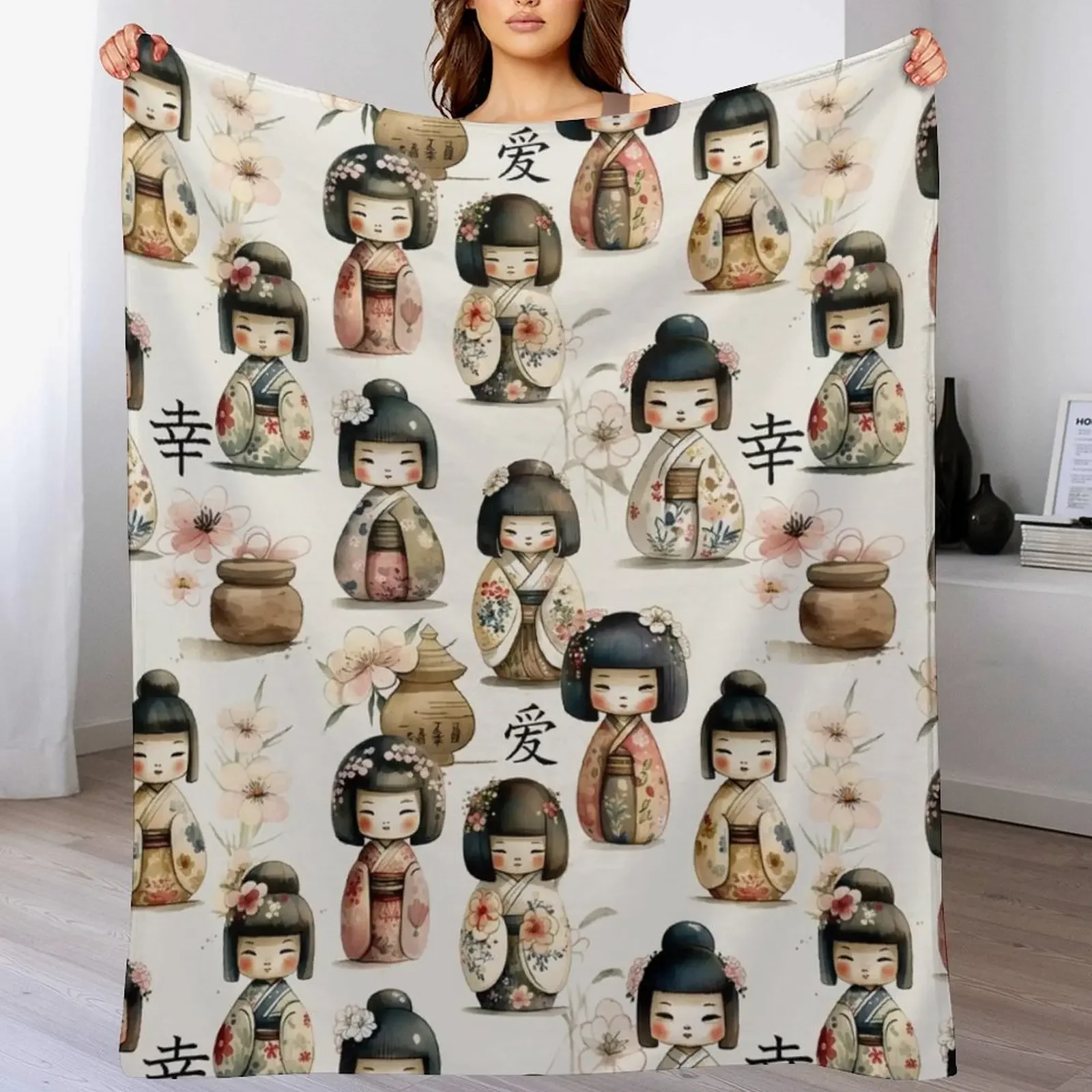 

Kokeshi Doll Watercolor Pattern Throw Blanket Bed covers wednesday Blankets