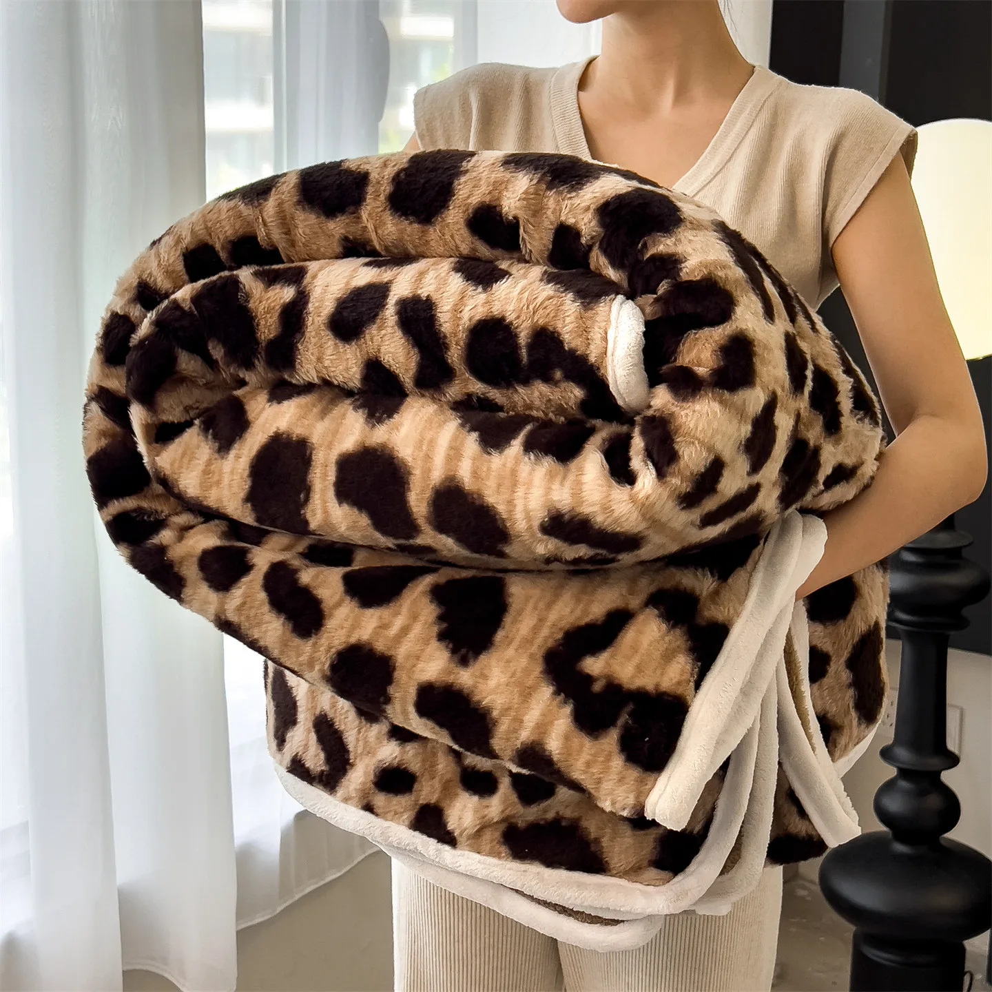 Leopard Print Double-sided Rabbit Plush Blanket Cozy Warm Autumn Winter Blankets for Bed Fluffy Soft Fleece Sofa Throw Blanket