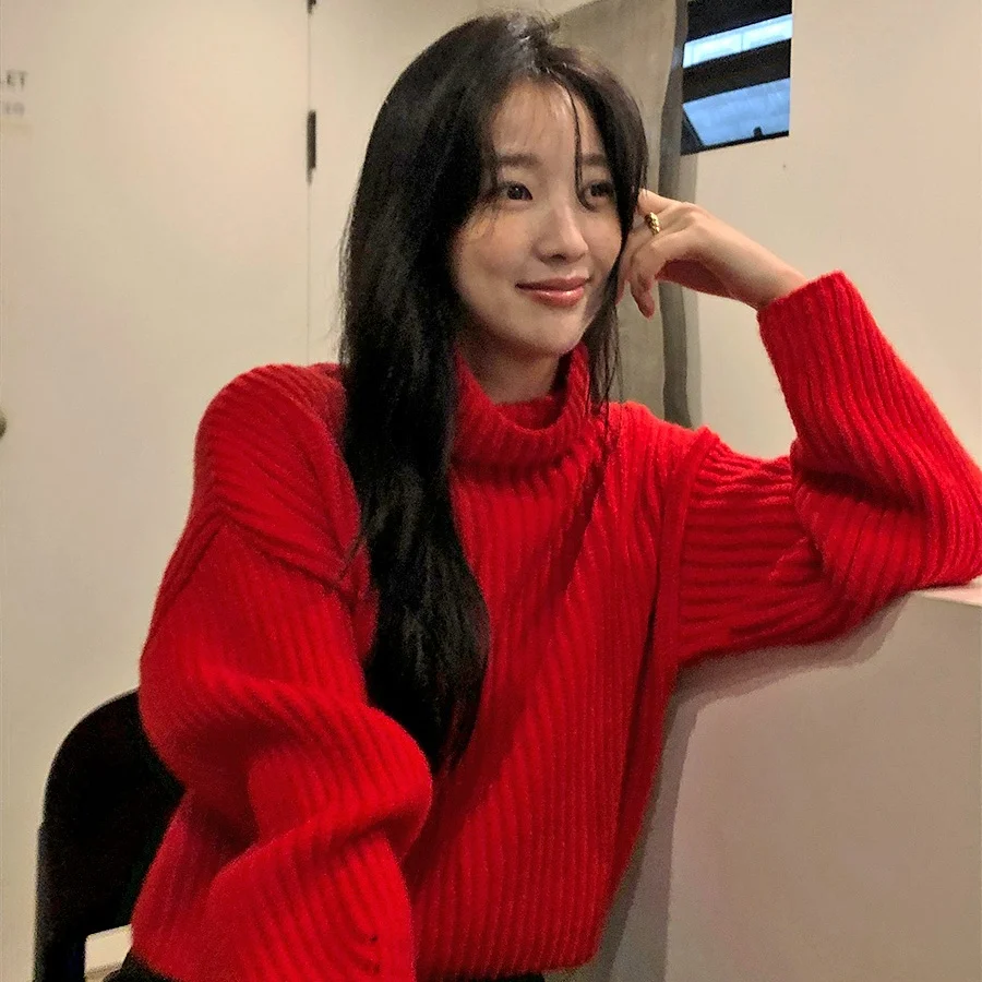 

Ретро Ele Lazy Red oulder Drop High Collar ort Вязаный свитер новогодней моды Женский свободный крой Теплый Thiened Ca...