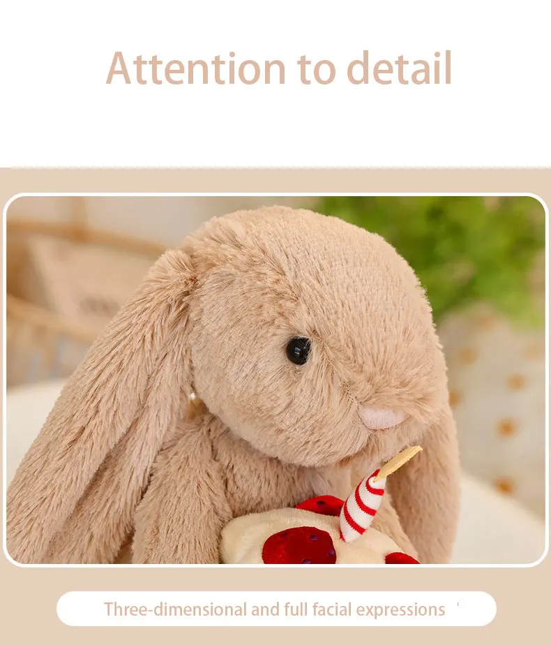 Neues Plüsch-Kaninchen-Spielzeug mit Blumenohren und Kuchenhaltendem Kaninchen – Niedliche Dekopuppe, Weiches Geburtstagsgeschenk für Kinder – Detail 4
