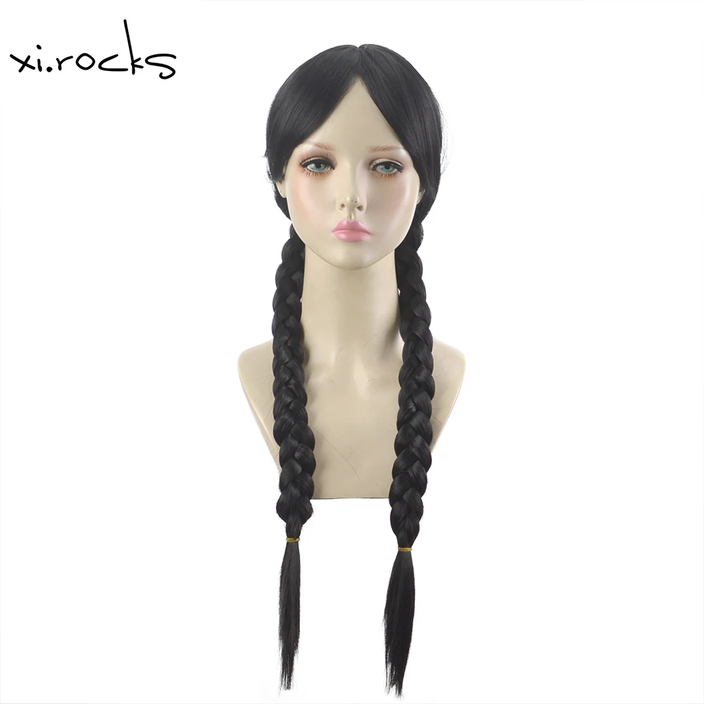 3622G Xi.Rocks Addams Wednesday Long Black Braids Hair Cosplay Heat Resistant Synthetic Wig Halloween Party Role Play