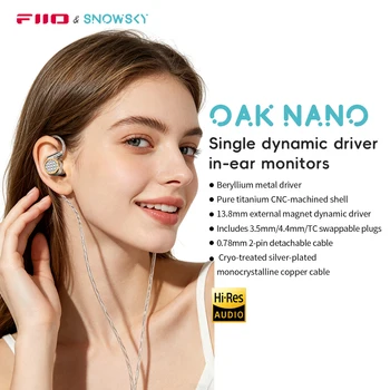Słuchawki douszne FIIO OAK NANO HiFi IEM, dynamiczny przetwornik 13,8 mm, tytanowe CNC, wymienne wkładki douszne, wtyczki 3,5 mm/4,4 mm/USB-C