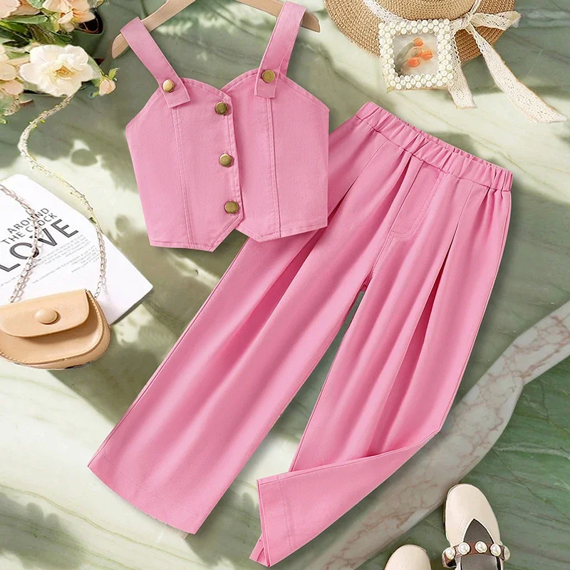 

2Piece 2025 Summer Toddler Girl Clothes Korean Fashion Single Breasted Sleeveless Pink Baby Tops+Loose Pants Children Sets BC259