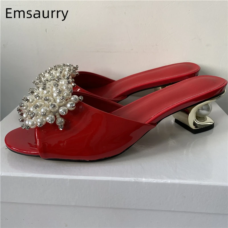 Crystal Beads Flower Decor Sandals Women Luxury Patent Leather Slingbacks Unique Pearl Fretwork Heel Summer Mules