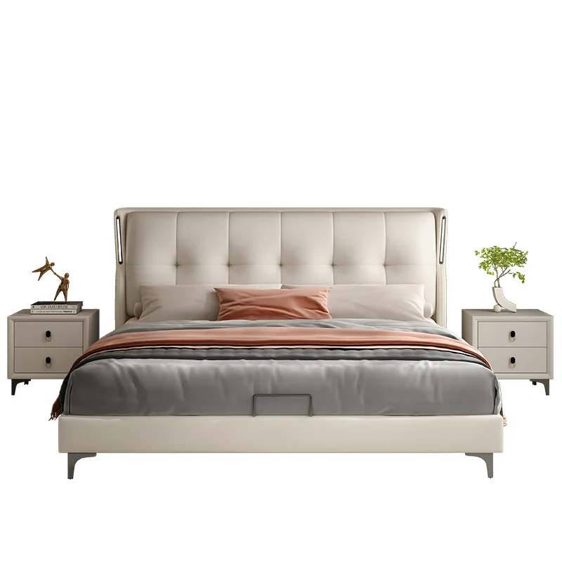 

Italian light luxury real cowhide double master bedroom bed 1.5m 1.8 meters modern and simple