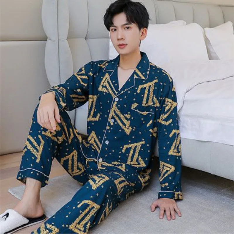 

Spring Cotton Silk Pajamas Men Loose Pyjamas Large Size Cartoon Nightdress Casual Thin Sleepwear Simple Long Sleeved Home Wear